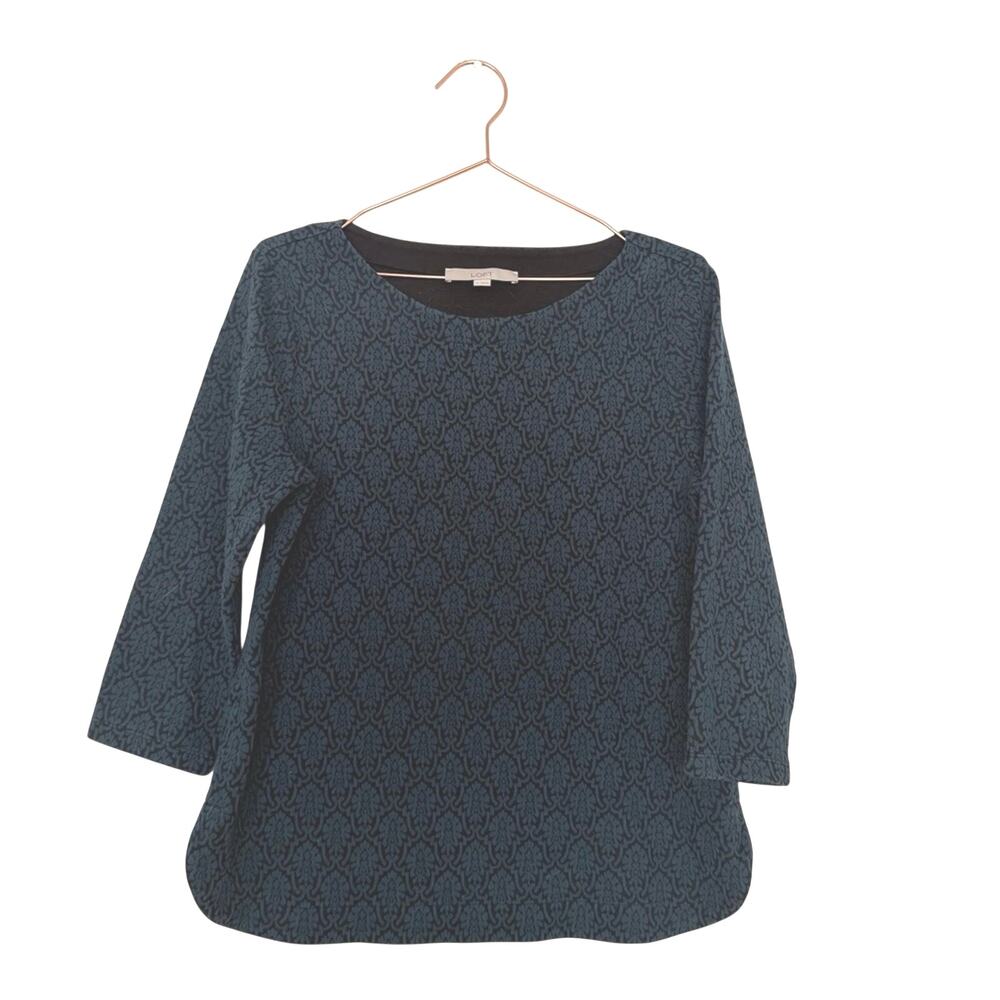 LOFT Blue Black Patterned 3/4 Sleeve quilted Top